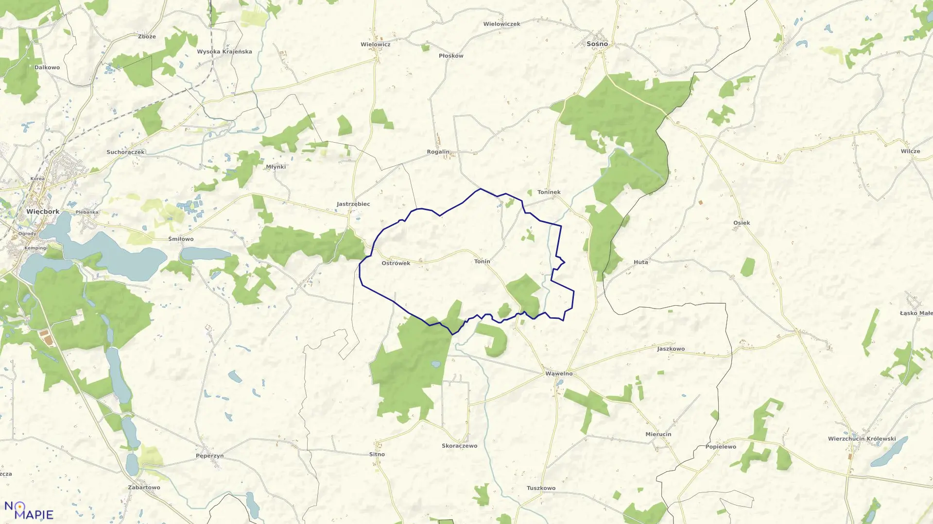 Mapa obrębu Tonin w gminie Sośno