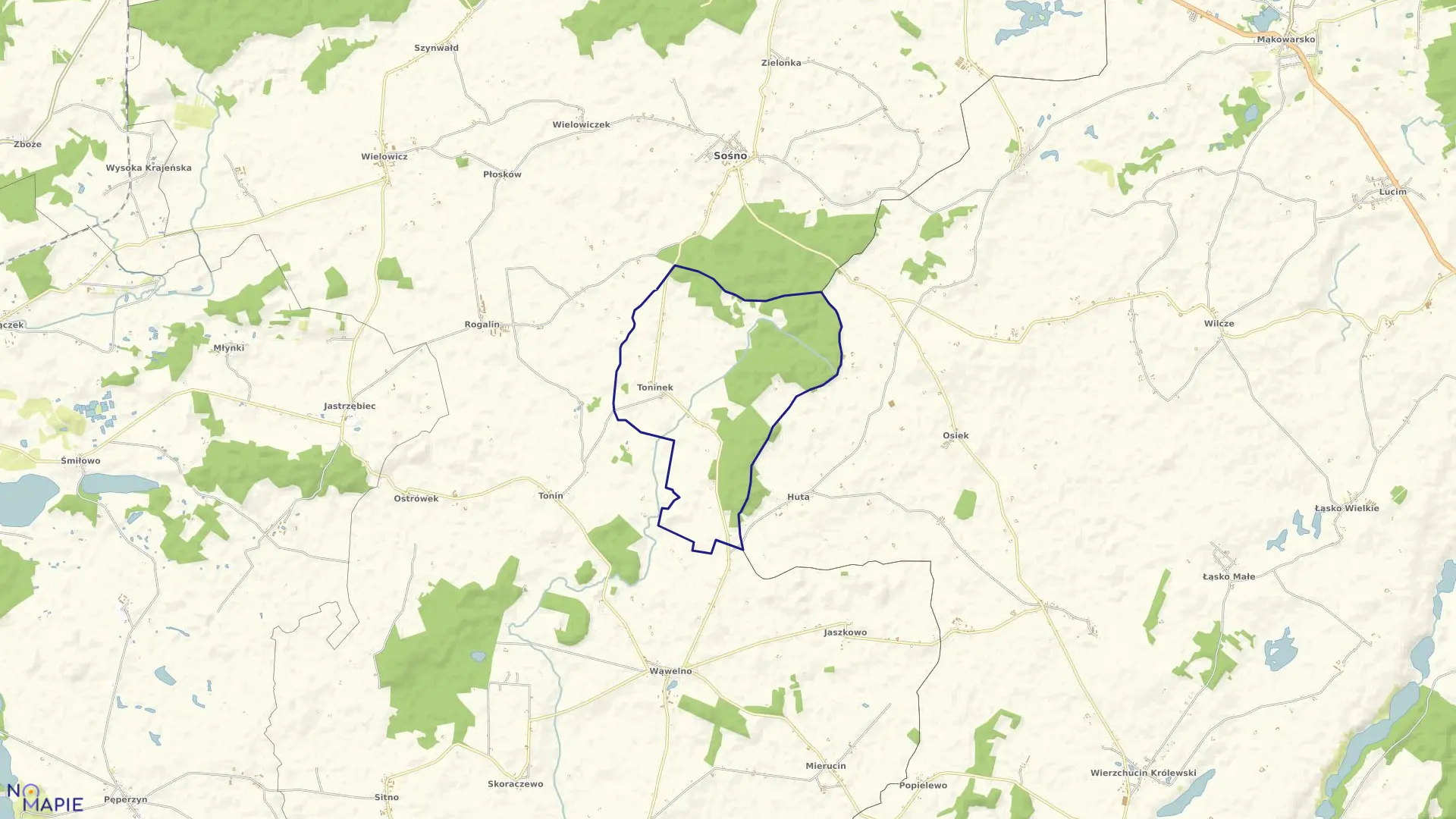 Mapa obrębu Toninek w gminie Sośno